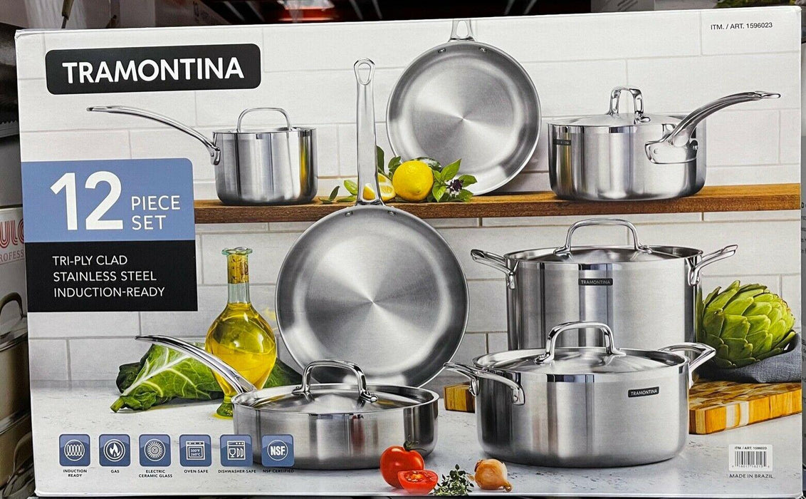 Tramontina 12 Piece Tri-Ply Clad Stainless Steel Cookware Set Open Box