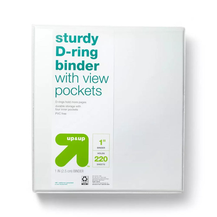 1"Ring Binder with Clear View Cover White - up&up