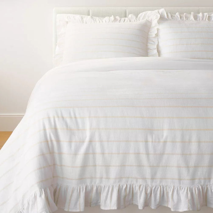 King Yarn Dye Stripe with Ruffle Comforter & Sham Set White/Khaki - Threshold™ with Studio McGee
