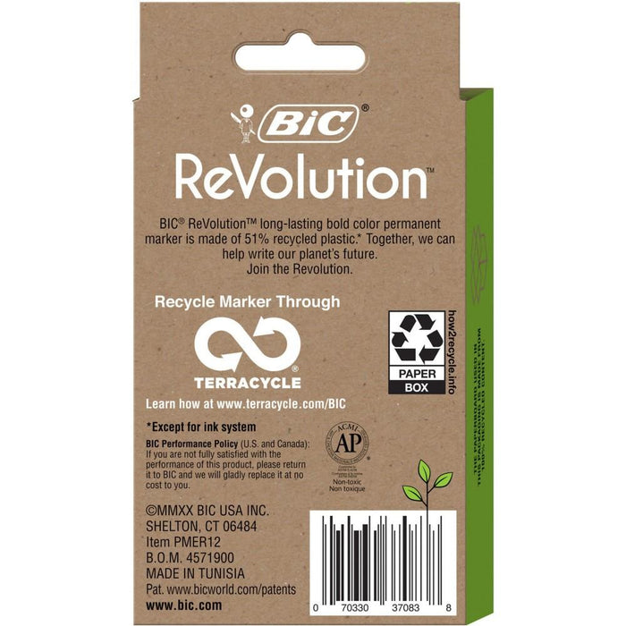 BIC ReVolution Permanent Markers, Fine Tip, Blue/Green/Black/Red Inks, 12/Pack (PMER12-AST)
