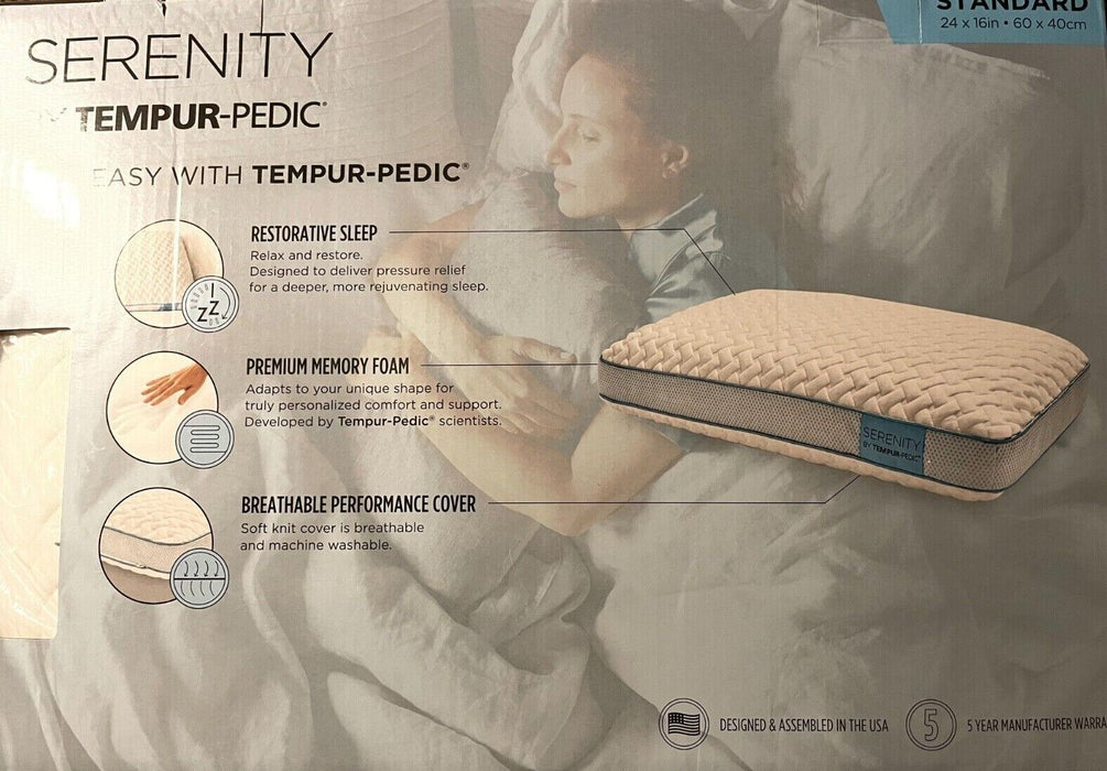 Serenity by Tempur-Pedic Memory Foam Pillow Standard 24in X 16in Open Box