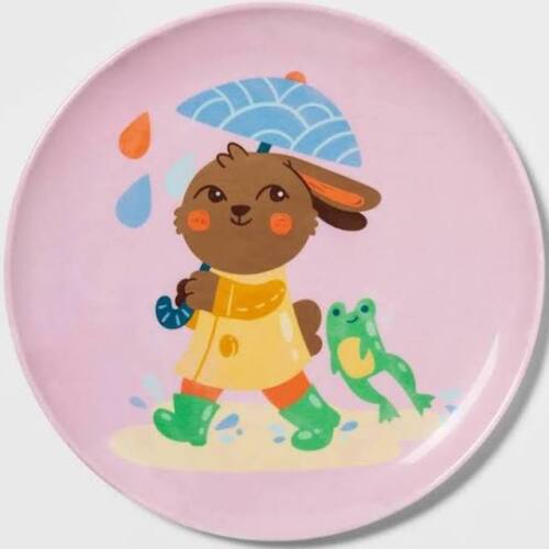 NEW Spritz Melamine Rainy Day Bunny and Frog Dinner Plate 10" Spring