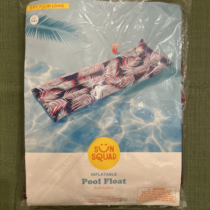 NEW Sun Squad Inflatable Palm Pattern Pool Float Built in Pillow 67" L & 25" W