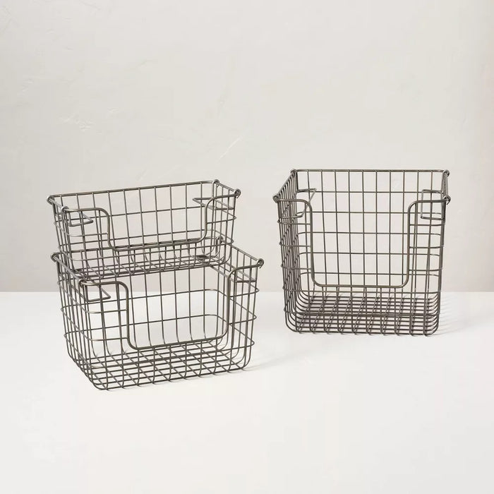 Large 13"x13"x11" Wire Storage Stacking Basket Pewter - Hearth & Hand™ with Magnolia