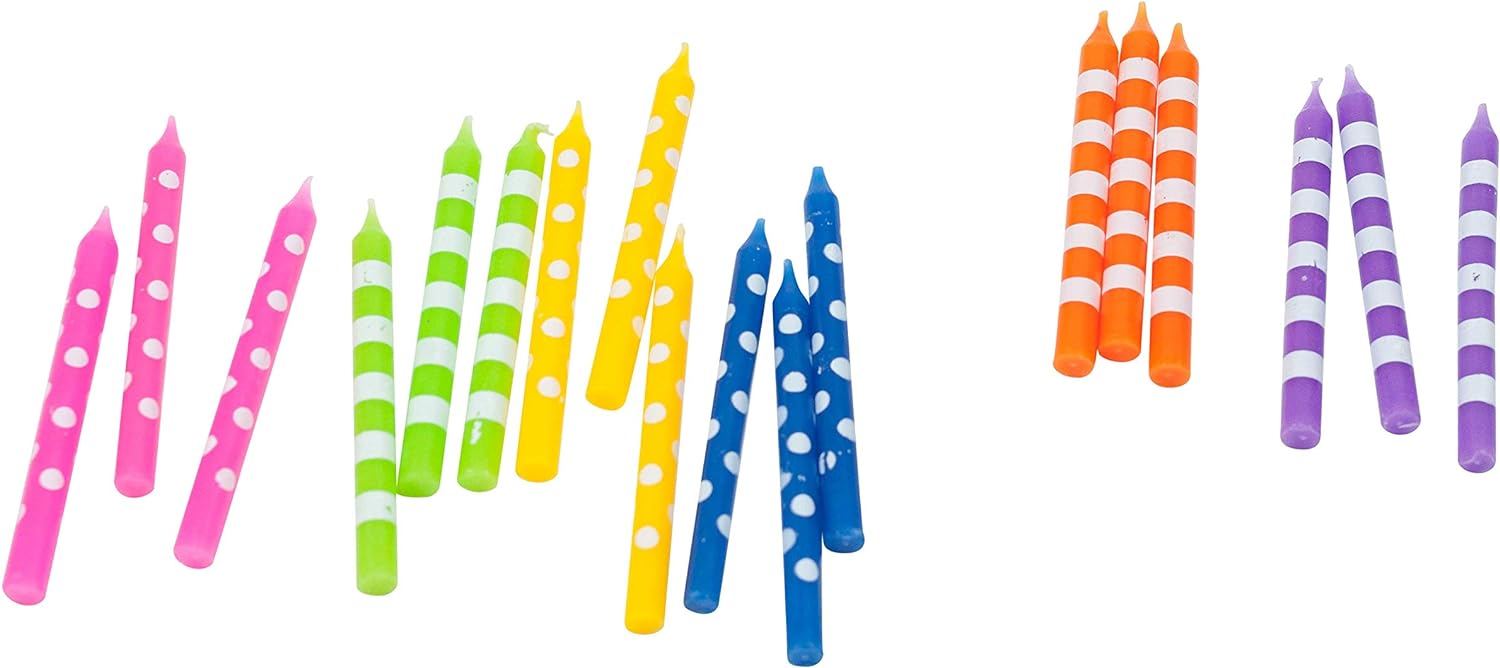 Jacent Fun Polka Dot and Striped Multicolored Birthday Candles 18 Count per Pack - 1 Pack