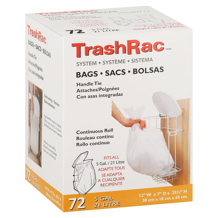 Trashrac 5 Gal Trash Bags Handle Tie 72 Pk 0.7 Mil