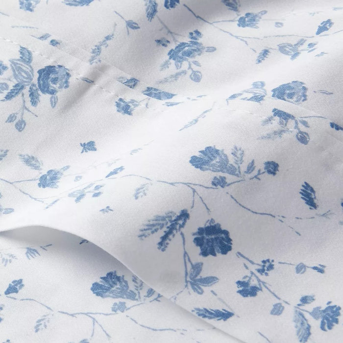 King 400 Thread Count Floral Print Cotton Performance Pillowcase Set White/Blue Floral - Threshold