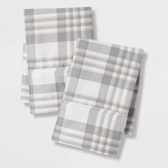 Standard 400 Thread Count Performance Printed Pillowcase Plaid Twill Gray - Threshold