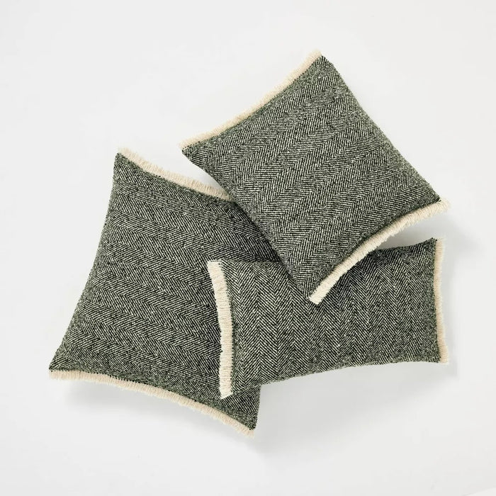 Herringbone with Frayed Edges Square Throw Pillow Green/Cream - Threshold designed with Studio McGee