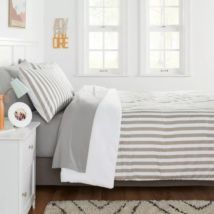 5pc Twin Extra Long Stripe Reversible Microfiber Comforter & Sheet Set Gray - Room Essentials™