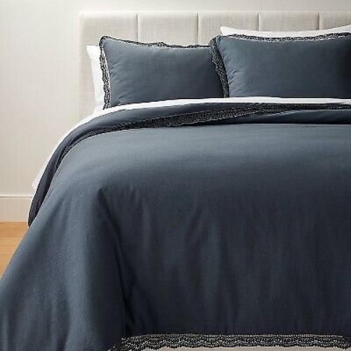Full/Queen Lace Border Cotton Slub Comforter & Sham Set Slate Blue - Threshold designed with Studio