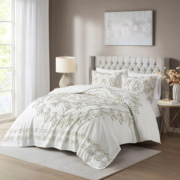 Full/Queen 3pc Valeria Cotton Chenille Coverlet Set Ivory/Taupe