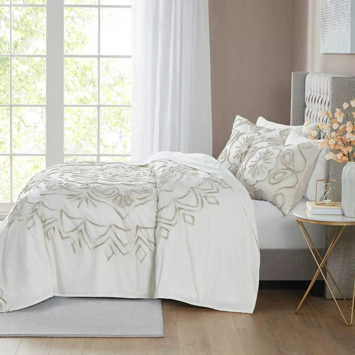Full/Queen 3pc Valeria Cotton Chenille Coverlet Set Ivory/Taupe