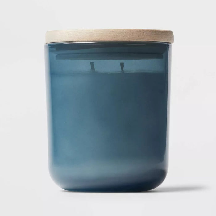 2-Wick Round Bottom Glass Rainwater Willow Lidded Jar Candle Blue 11oz - Threshold