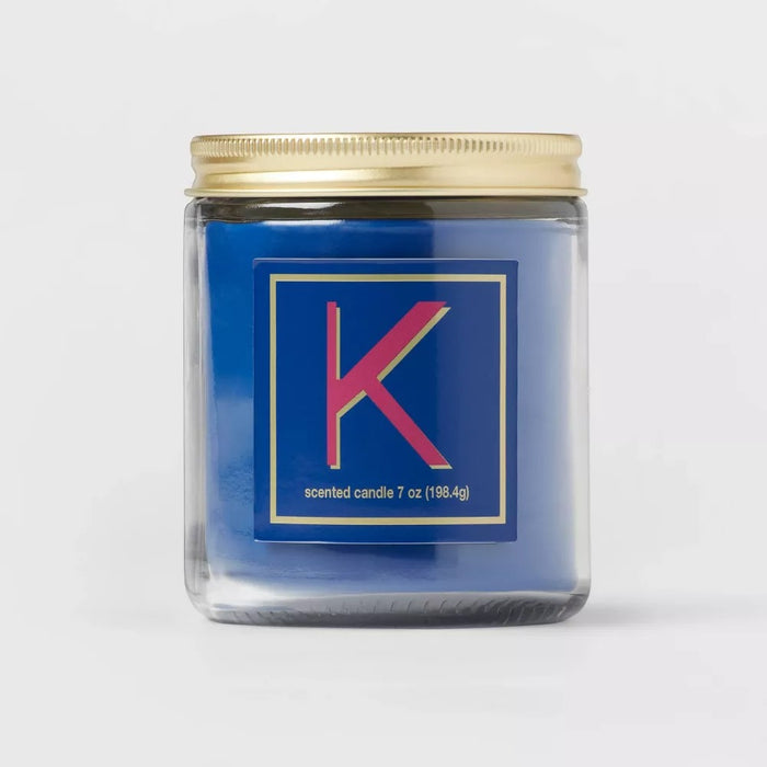 7oz Scented Monogram Letter 'K' Candle with Gold Matte Lid Royal Blue - Opalhouse