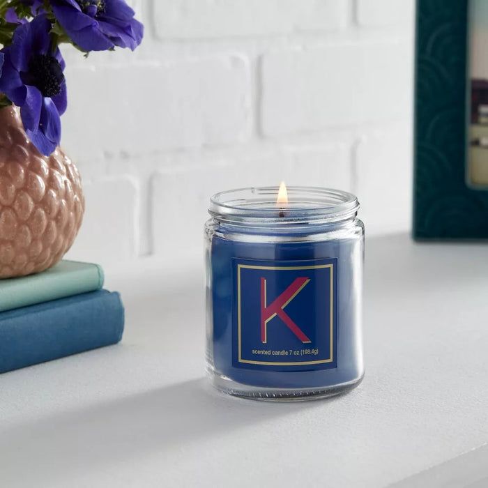 7oz Scented Monogram Letter 'K' Candle with Gold Matte Lid Royal Blue - Opalhouse