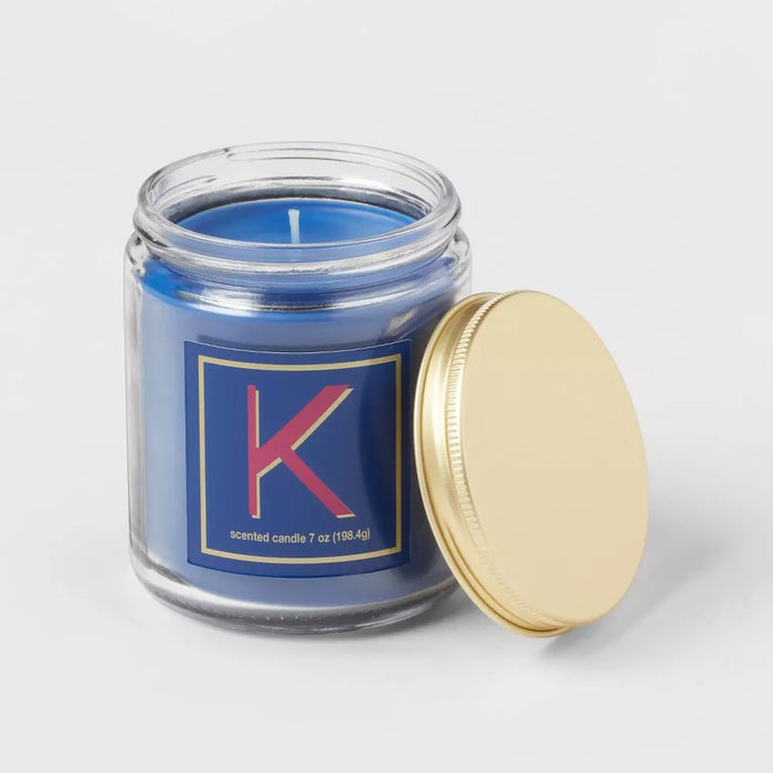 7oz Scented Monogram Letter 'K' Candle with Gold Matte Lid Royal Blue - Opalhouse