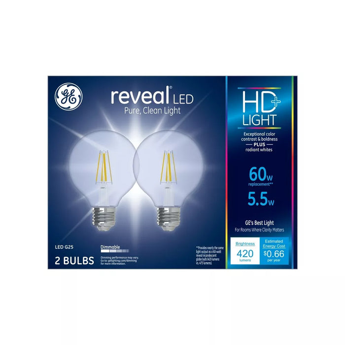 GE 2pk 5W 60W Equivalent Reveal LED HD+ Globe Light Bulbs Clear