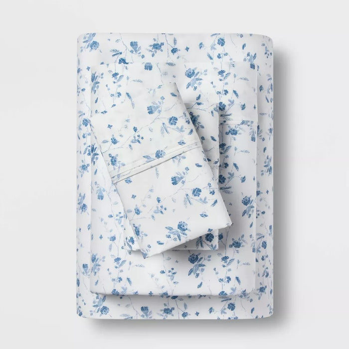 Full 400 Thread Count Floral Print Cotton Performance Sheet Set White/Blue Floral - Threshold