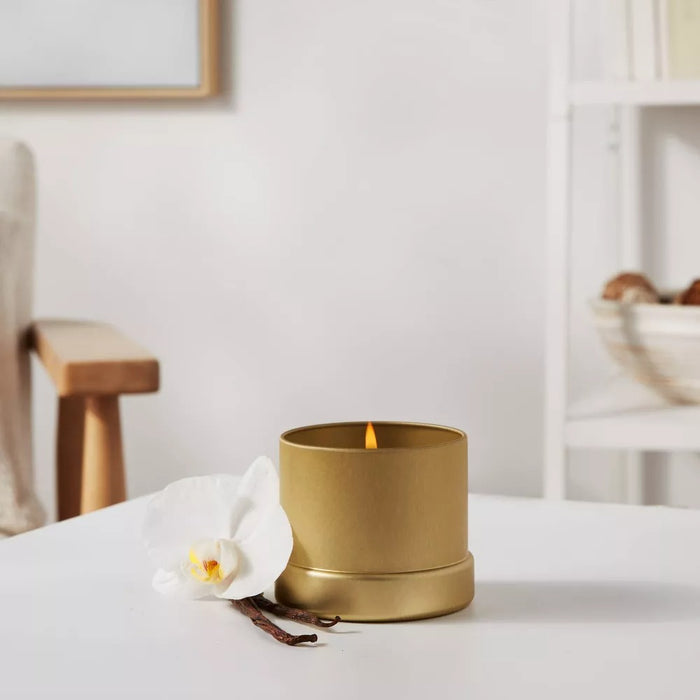 Inset Tin Coastal Vanilla + Tarragon Wood Wick Lidded Jar Candle Gold 6oz - Threshold