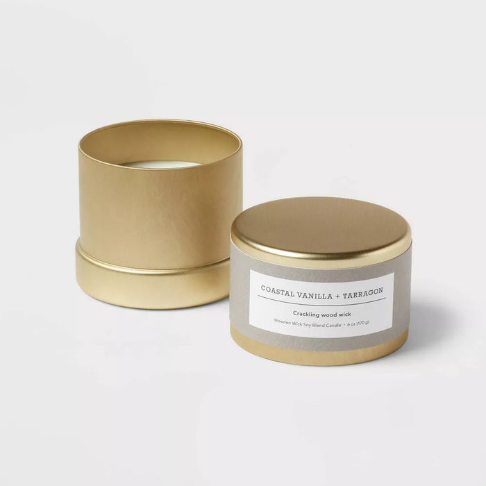 Inset Tin Coastal Vanilla + Tarragon Wood Wick Lidded Jar Candle Gold 6oz - Threshold