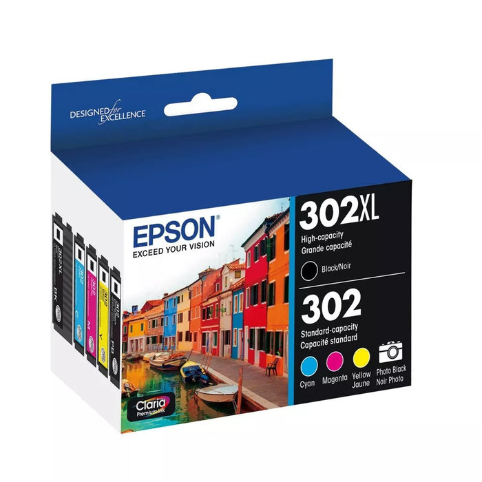 Epson 302XL 5pk Combo Ink Cartridges - Black Photo Black Cyan Magenta Yellow (T302XL-BCS)