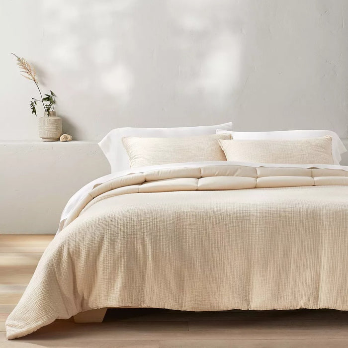 Full/Queen Textured Chambray Cotton Comforter & Sham Set Natural - Casaluna