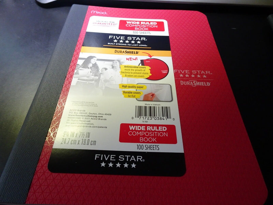 Five Star DuraShield Composition Books, Wide Ruled, 100 Sheets, 9-3/4 x 7-1/2, Red