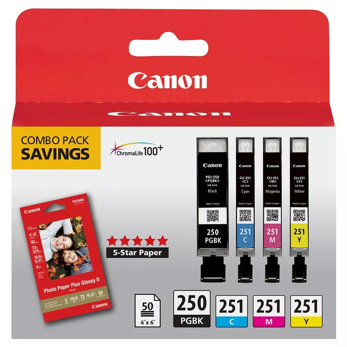 Canon 250 Black, 251 C/M/Y Combo 4pk Ink Cartridges with Photo Paper - Black, Cyan, Magenta, Yellow