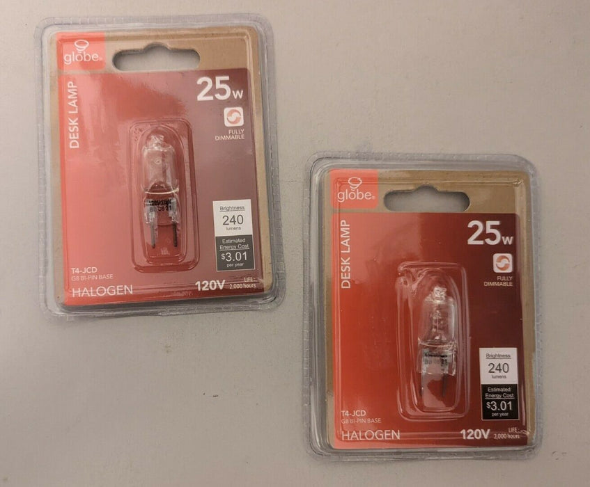 Lot of 2 G8 Halogen Bulb 25 Watt 120V T4 JCD Type G8 Base Bi-Pin Globe Electric 1C
